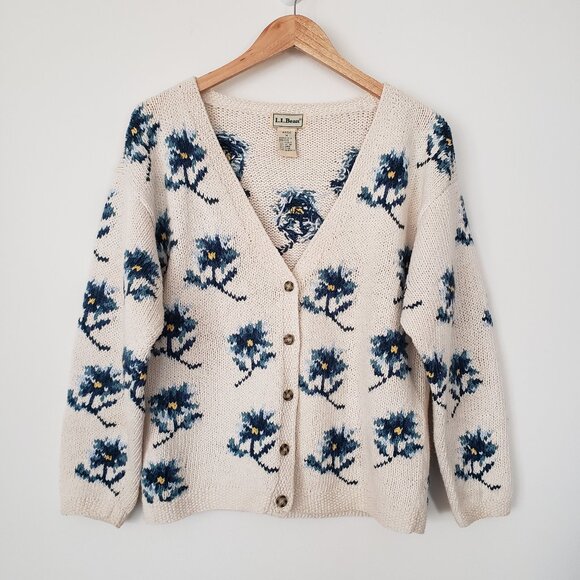 Vintage L. L. Bean Floral Button Down Knit Cardigan Sweater Size M - Picture 1 of 16